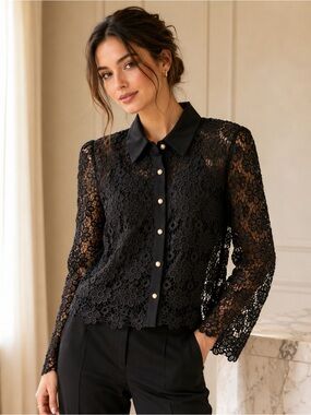 Black Floral Lace Button-Front